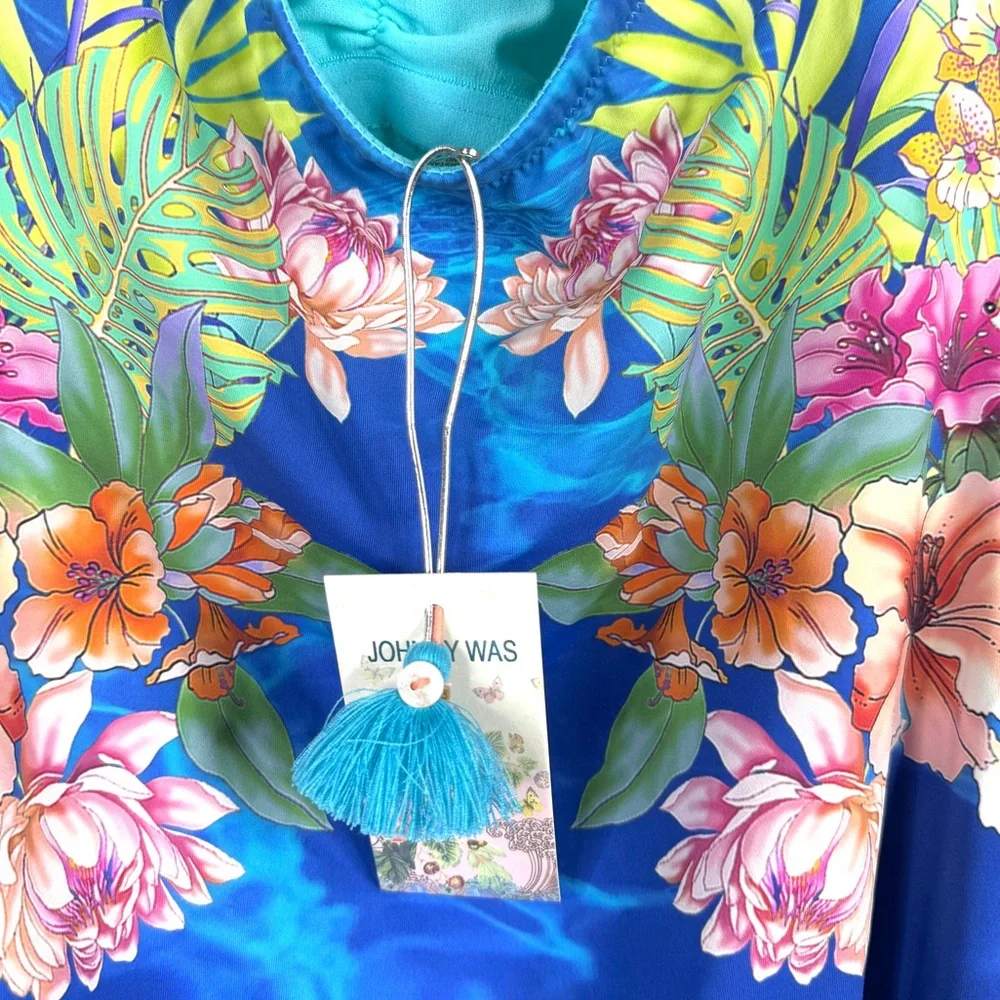 JOHNNY WAS Water Tropic Ruched Sweetheart One Piece Swimsuit NEW Size XL Blue